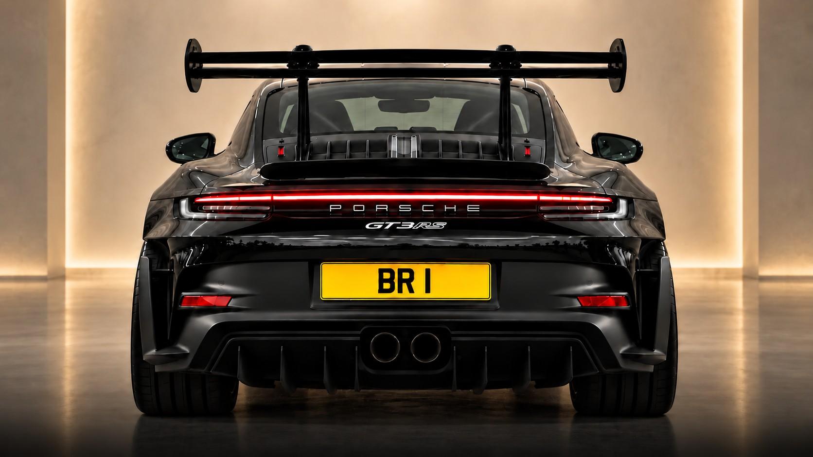 Private registration BR 1 on a black Porsche 911 GT3 RS in a warmly lit studio
